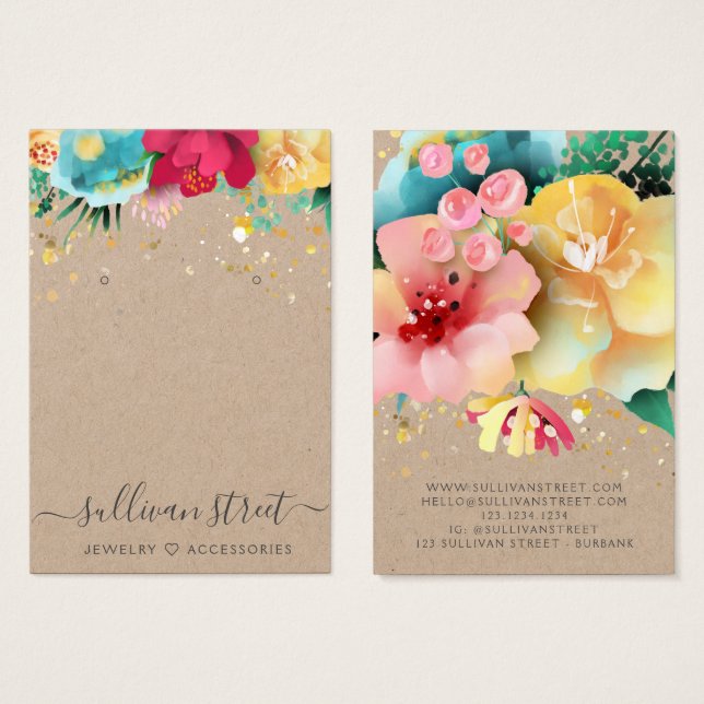 Kraft Guld Blommigt Earrings Jewelry Visning Card Visitkort (Framsida & baksida)