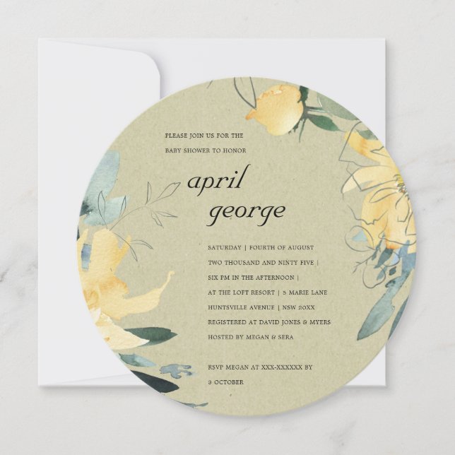 KRAFT GULT GRÖNT BLOMMIGT BABY SHOWER INBJUDAN (Framsida)