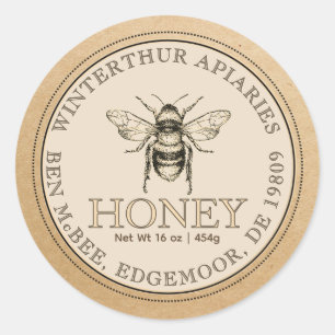 Kraft Honung Burk Vintage Bee Label Runt Klistermärke