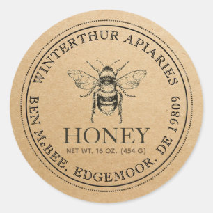 Kraft Honung Burk Vintage Bee Label Runt Klistermärke