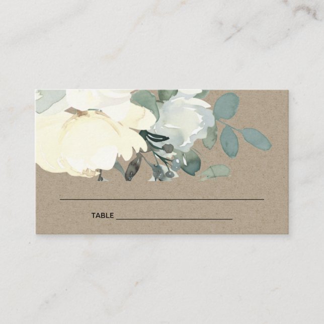 KRAFT IVORY WHITE BLOMMIGT BABY SHOWER PLACE CARD VISITKORT (Framsida)