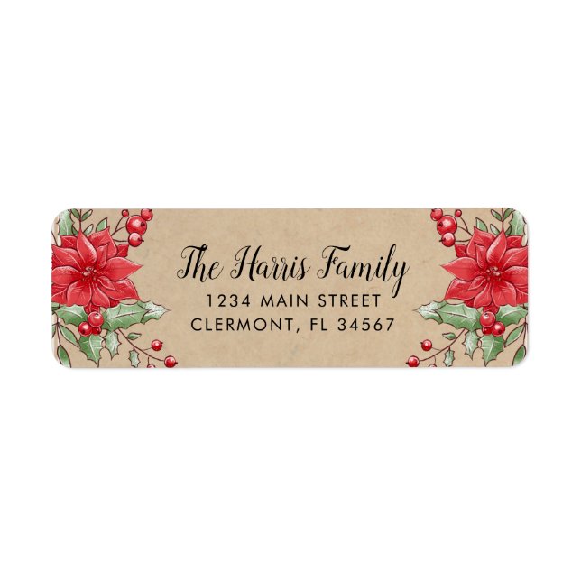 Kraft jul Poinsettia Holly Berry Label Returadress Etikett (Framsidan)