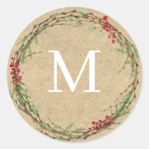 Kraft Julkrans Monogram Stämpel Runt Klistermärke