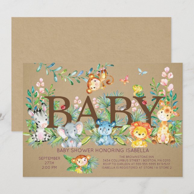 Kraft Jungle Gender Neutral Baby duschinbjudan Inbjudningar (Fram/baksida)