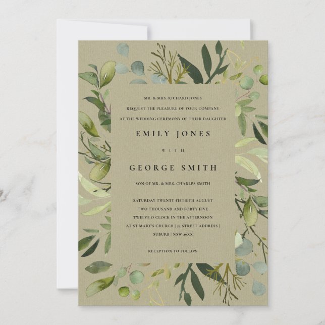 KRAFT LEAFY RAM GRÖNT FOLIAGE WATERCOLOR BRÖLLOP INBJUDNINGAR (Framsida)