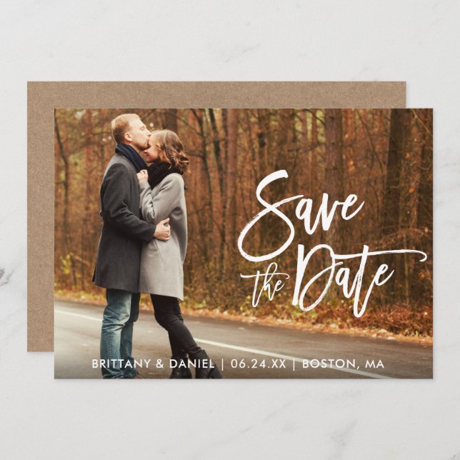 Kraft Modern Push Script Photo Save Date Card Inbjudningar (Fram/baksida)