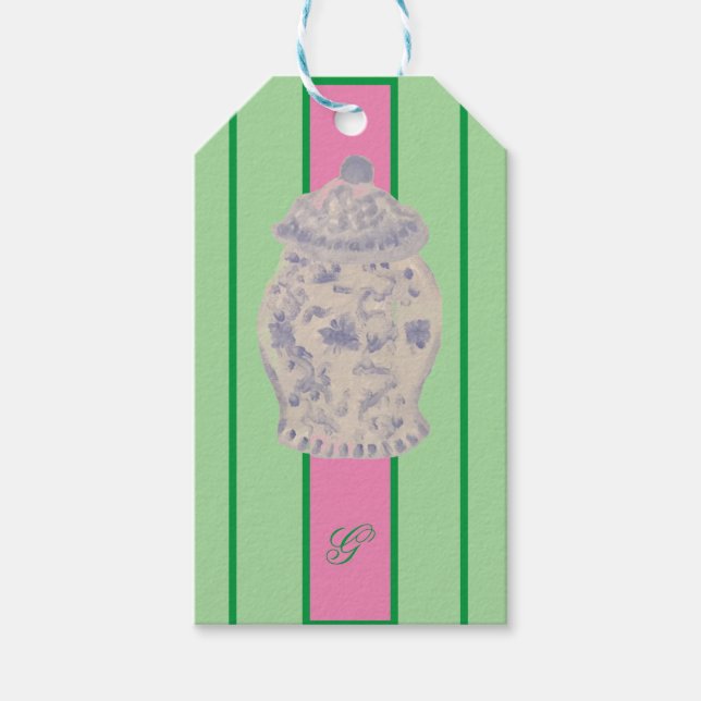 Kraft Monogram Grönt Chinoiserie Ginger Burk Burk Presentetikett (Framsidan)