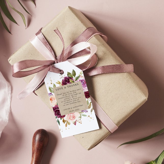 Kraft Moody & Rustic Burgundy Blommigt Ram & Guld Presentetikett (Skapare uppladdad)