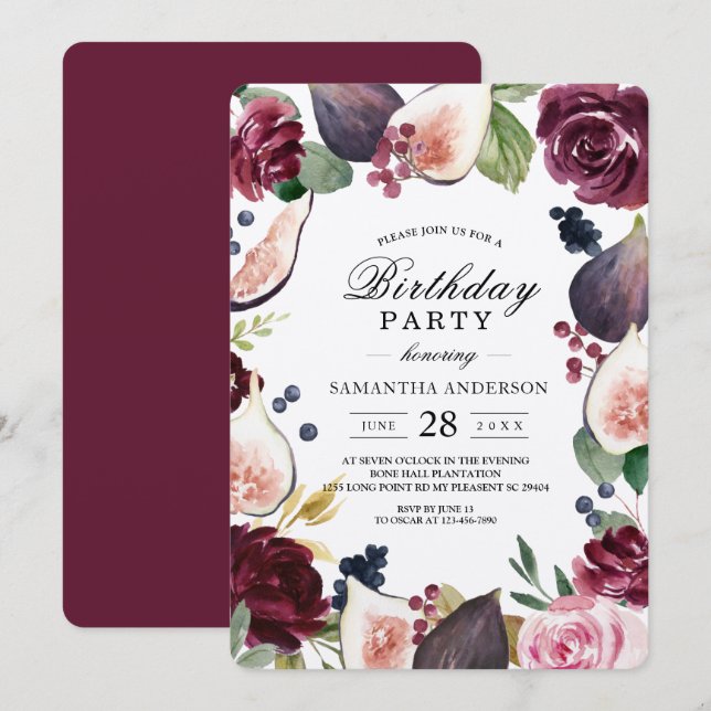 Kraft Moody & Rustic Burgundy Figs & Flowers Ram Inbjudningar (Fram/baksida)
