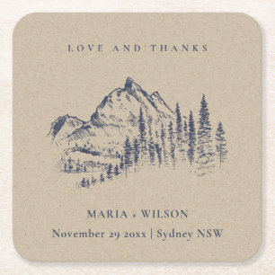 Kraft Navy Gräs Skogen Mountain Sketch Bröllop Underlägg Papper Kvadrat