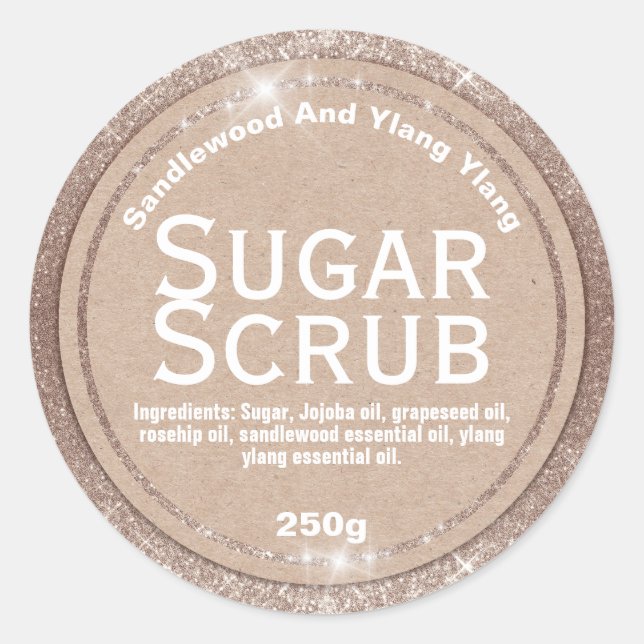 Kraft på etiketter på Glitter Sugar SCrub (Framsida)
