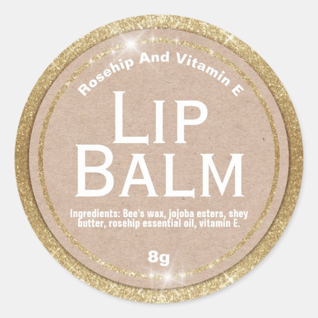 Kraft på etiketterna Faux Guld Glitter Lip Balm Runt Klistermärke (Framsida)