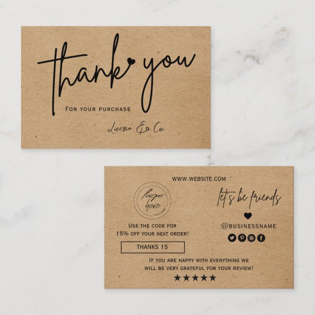 Kraft paper custom logo thank you heart visitkort (Fram/baksida)