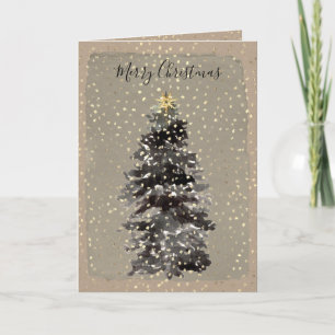 Kraft Papper Helgdag Spruce Träd Falling Guld Snö Helgkort