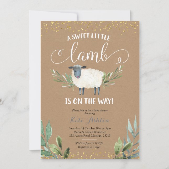 Kraft Papper Sweet Little Lamb Greenery Baby Showe Inbjudningar (Framsida)