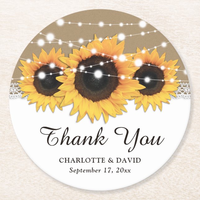 Kraft Pappra Snöre String Ljus Solros Bröllop Underlägg Papper Rund (Framsidan)