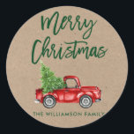 Kraft-penselskript - Lastbil-kuvertförslutning - j Runt Klistermärke<br><div class="desc">Kraft Push Script Watercolor Red Vintage Lastbil med Julgran - God jul Family Namn-kuvertförslutning</div>