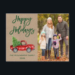 Kraft Push Script Vintage Lastbil Photo Helgdagars Vykort<br><div class="desc">Kraft Grönt Push Script Watercolor Vintage Red Lastbil med Julgran - Glad helg Family Photo Postcard-kort</div>