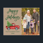 Kraft Push Script Vintage Lastbil Photo Helgdagars Vykort<br><div class="desc">Kraft Grönt Push Script Watercolor Vintage Red Lastbil med Julgran - Glad helg Family Photo Postcard-kort</div>
