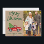 Kraft Push Script Vintage Lastbil Photo jul Julkort<br><div class="desc">Kraft Grönt Push Script Watercolor Vintage Red Lastbil med Julgran - God jul Family Photo Card</div>