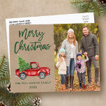 Kraft Push Script Vintage Lastbil Photo jul Vykort<br><div class="desc">Kraft Grönt Push Script Watercolor Vintage Red Lastbil med Julgran - God jul Family Photo Postcard-kort</div>