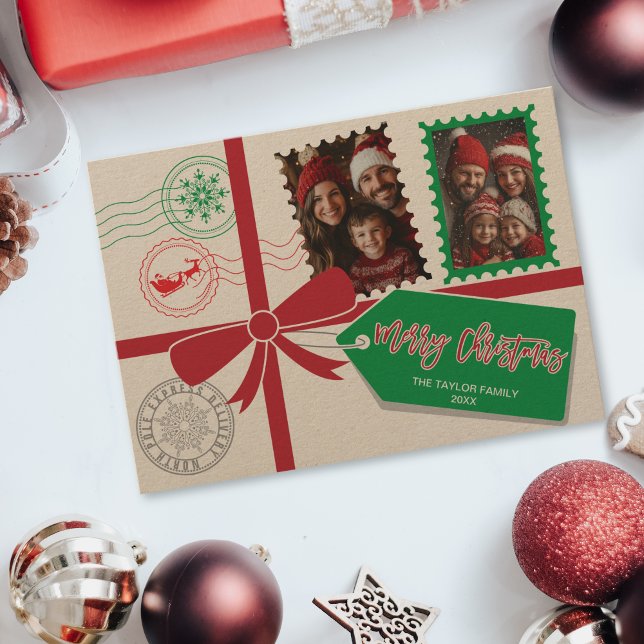 Kraft Red Grönt Gift Bow Photo God jul Julkort (christmas card designed to look like a gift with a ribbon and bow)