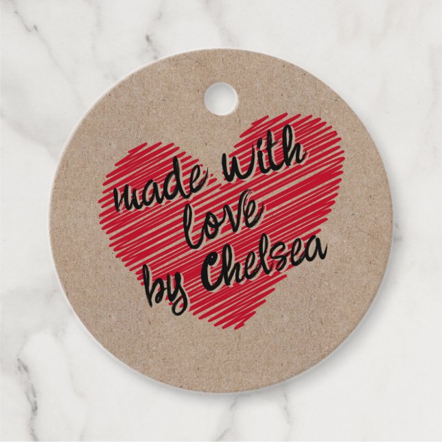 Kraft Red Sketchy Heart "Made with Kärlek" Gåvor Etiketter (Framsida)