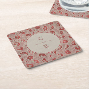 Kraft red Snöre rustic landsbyggsbröllop monogram Underlägg Papper Kvadrat