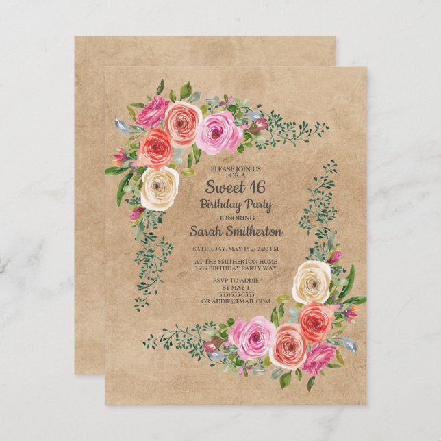 Kraft Rosa Ivory Watercolor Blommigt Sweet 16 Inbjudningar (Fram/baksida)