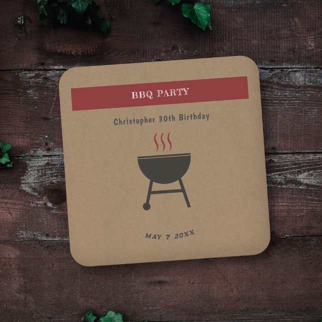 Kraft & Rustic BBQ Party Birthday Underlägg Papper Kvadrat (Kraft & Rustic BBQ Party Coaster)