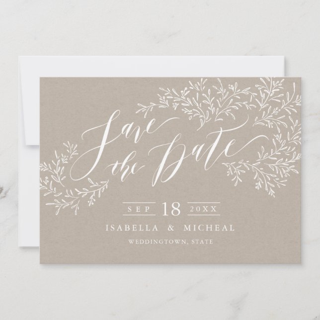 Kraft rustic blommigt calligraphy save date spara datumet (Framsida)