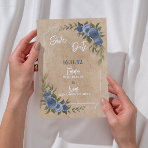 Kraft Rustic Blue Blommigt Bröllop spara datum Vykort
