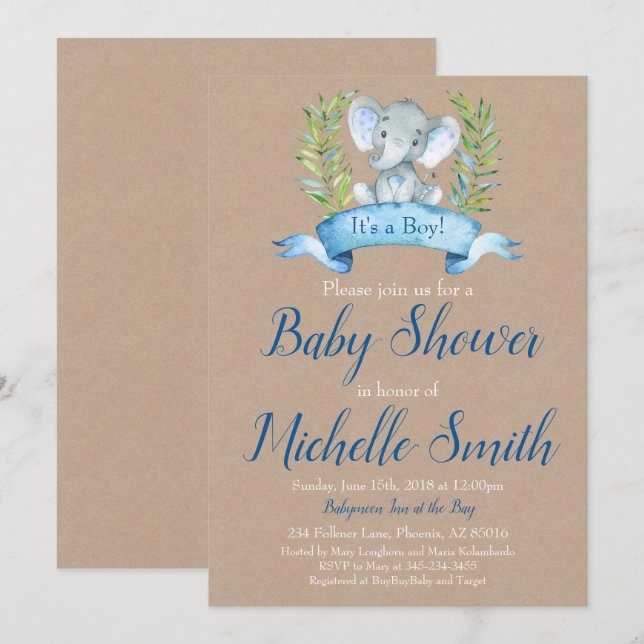 Kraft Rustic Boy Elephant Safari Boho Baby Shower Inbjudningar (Fram/baksida)