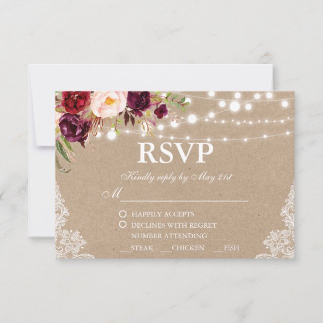 Kraft Rustic Bröllop Snörbroderi Blommig RSVP w/Må OSA Kort (Framsida)