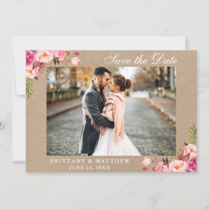 Kraft Save Date Rosa Blommigt Photo Card Tack Kort