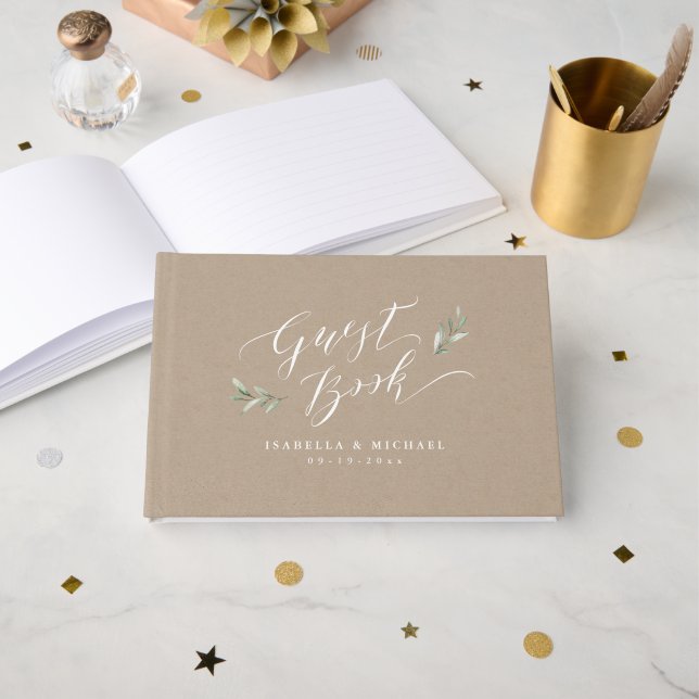 Kraft Simple calligraphy rustic greenery bröllop Gästböcker (Framsida öppen)