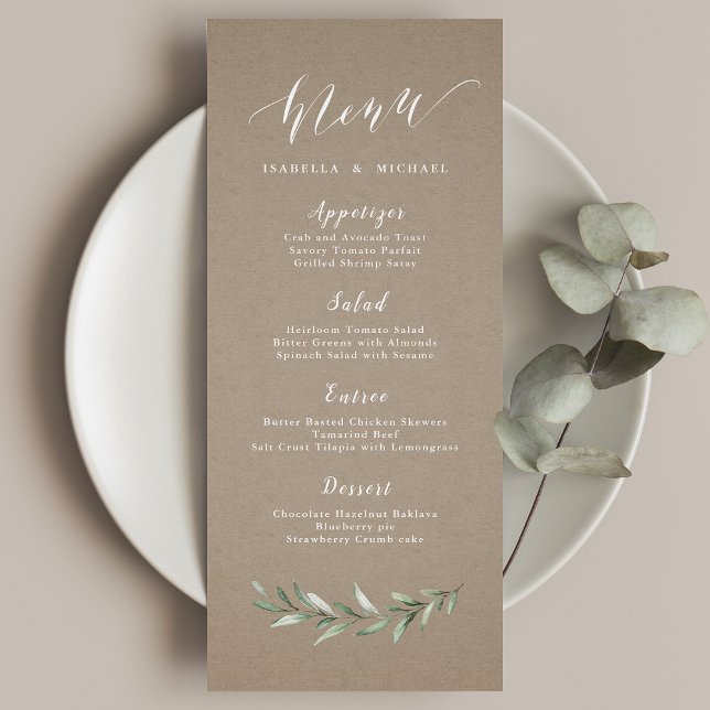 Kraft Simple calligraphy rustic greenery bröllop Meny (Kraft Simple calligraphy rustic greenery wedding Menu)