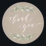 Kraft Simple calligraphy rustic greenery, tack Runt Klistermärke<br><div class="desc">Modern kalligrafi är ett tack för att du klisterat med vattenfärgsgrönt bladverk på papper bakgrund av rustik kraft,  enkel och elegant,  underbar för bröllop,  vår bröllop och sommar bröllop. Visa alla matchande delar i samlingen</div>