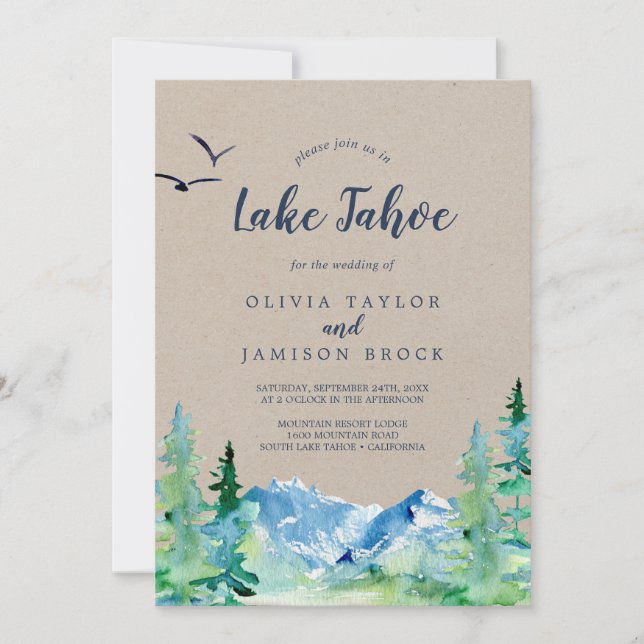 Kraft Sjö Tahoe Mountain Destination Wedding Inbjudningar (Framsida)