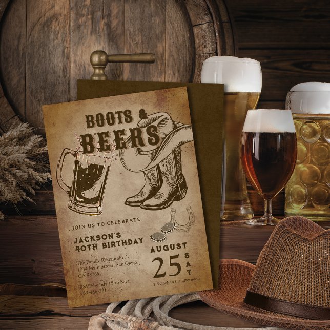 Kraft Sketch Western Cowboy Boots & Öl Birthday Inbjudningar (Kraft Sketch Western Cowboy Boots & Beers Birthday Invitation)