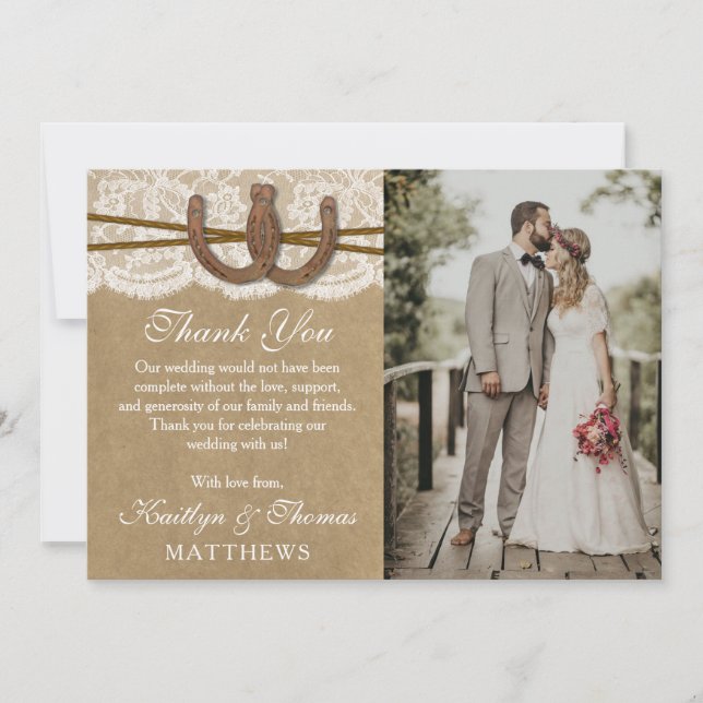 Kraft, Snöre & Horseshoe Bröllop-samlingen Tack Kort (Framsida)