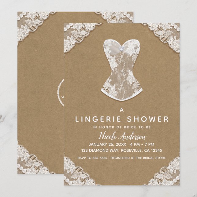 Kraft Snöre & Pearls Bröllop Lingerie Möhippa Inbjudningar (Fram/baksida)