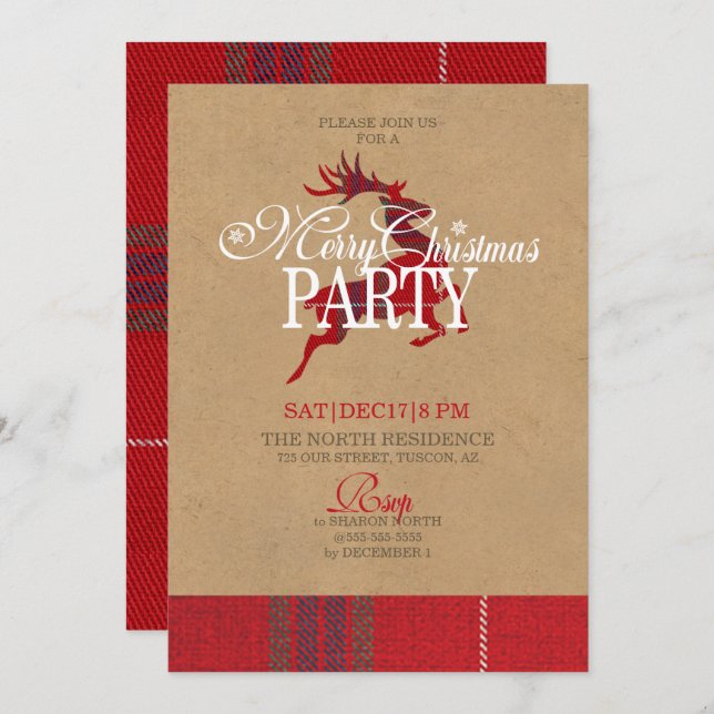 Kraft & Tartan Reindeer jul Party ID589 Inbjudningar (Fram/baksida)