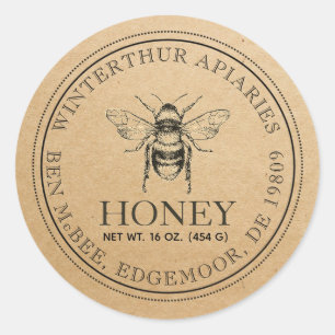 Kraft Vintage Bee Honungsetikett Runt Klistermärke
