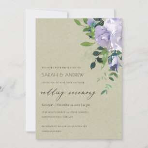 Kraft Violet Lila Blommigt Leafy Wedding bjudande Tack Kort