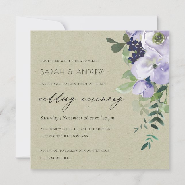 Kraft Violet Lila Blommigt Leafy Wedding bjudande  Tack Kort (Framsida)