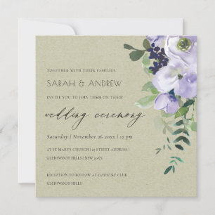 Kraft Violet Lila Blommigt Leafy Wedding bjudande Tack Kort