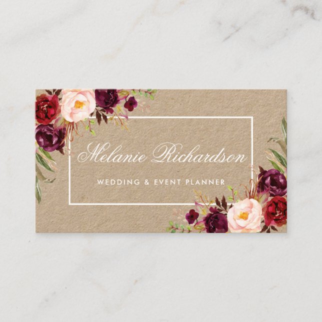 Kraft Watercolor Blommigt Burgundy Marsala Visitkort (Framsida)
