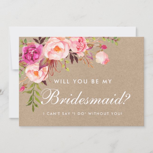 Kraft Watercolor Blommigt Rosa Bridesmaid Inbjudningar (Framsida)
