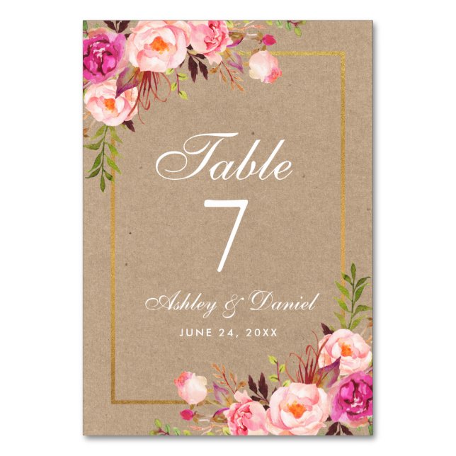 Kraft Watercolor Blommigt Rosa Guld Bröllop Bordsnummer (Framsidan)